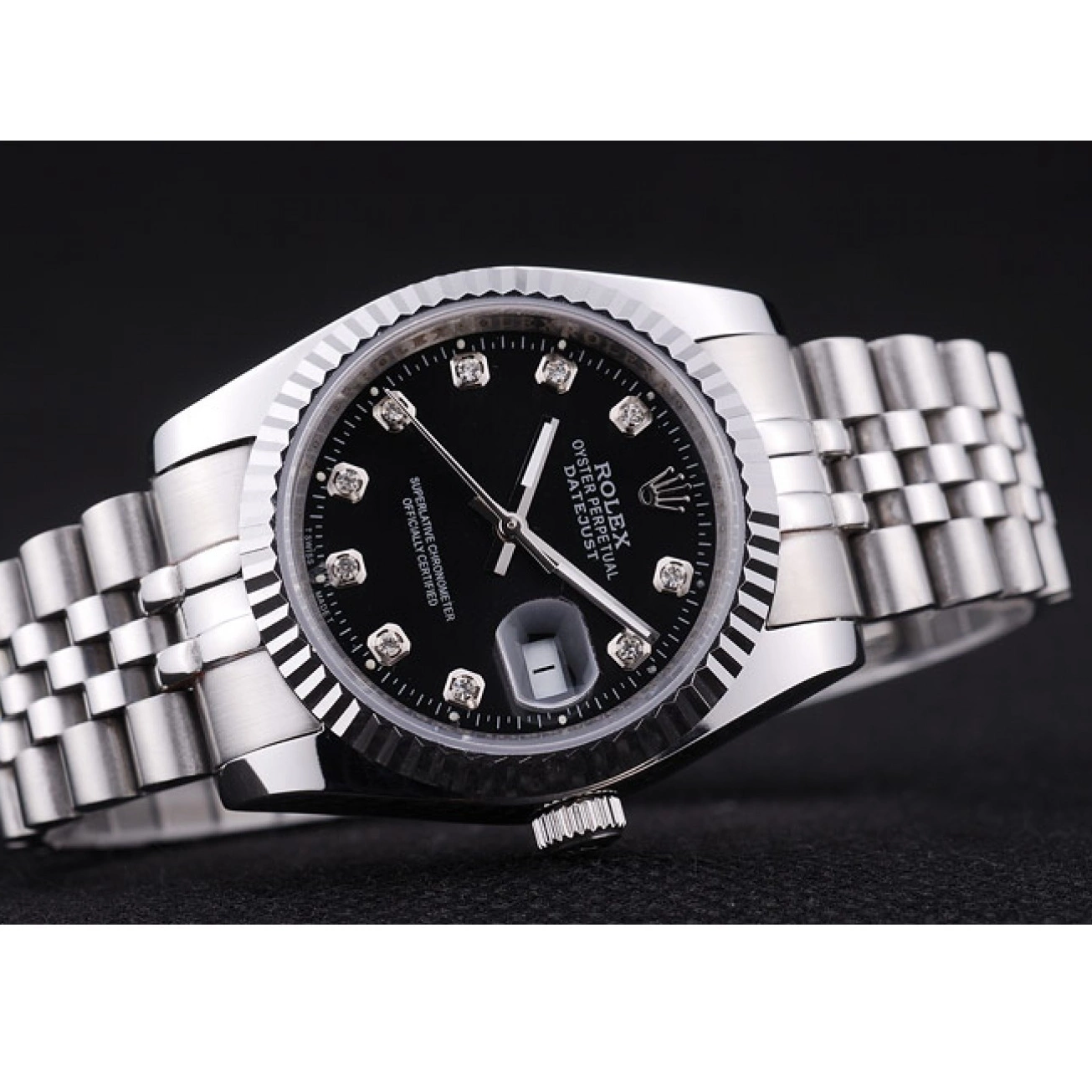 AAA Replica Watches Bezel Ribbed Diamonds Dial Black Rolex Datejust 7458 0612